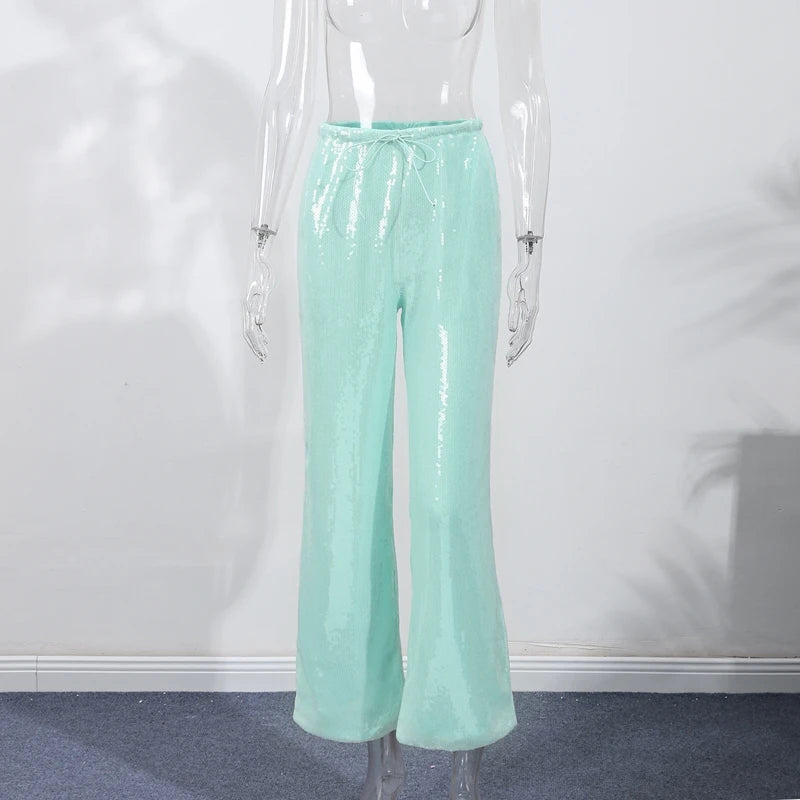 Y2K Sequin Lace Up Pants Women Elastic Low Waist Wide Leg Trousers Female 2026 Spring Summer Lady Shiny Party Clubwear Street