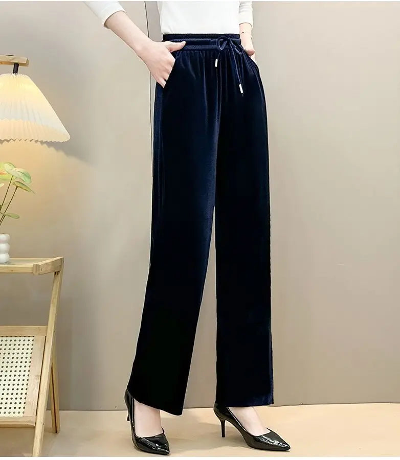 Women Drawstring High Waist Velvet Wide Leg Long Pants