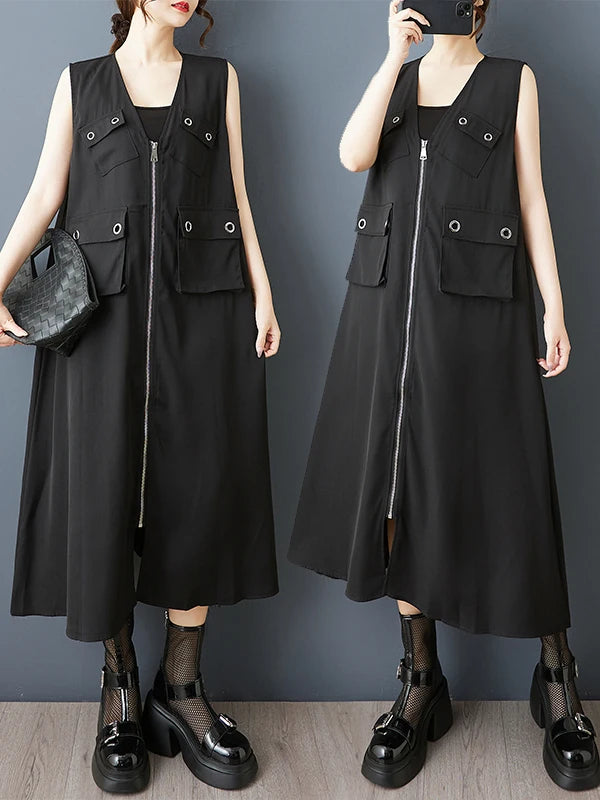 Summer 2026 Loose k Faion V-Ne Zipper Vest Dr Patchwork 3D ket Personali Dr Retro Sle Midi Skirt Dr