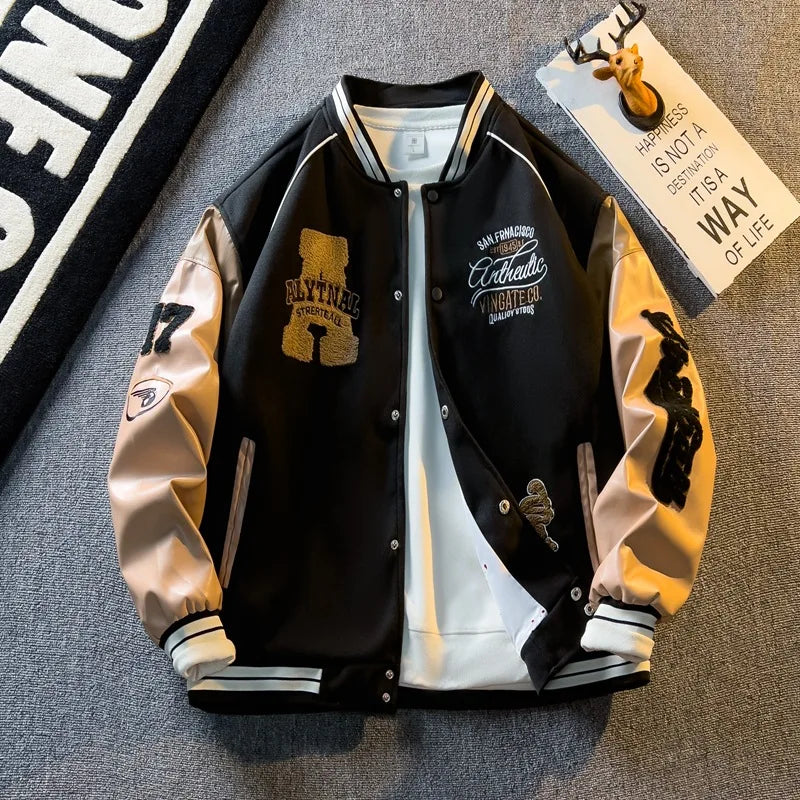 Casual Letter Embroidered Baseball Jacket Men's Women's Loose Fit Comfortable Outerwear Fashionable Preppy Style Spring Autumn