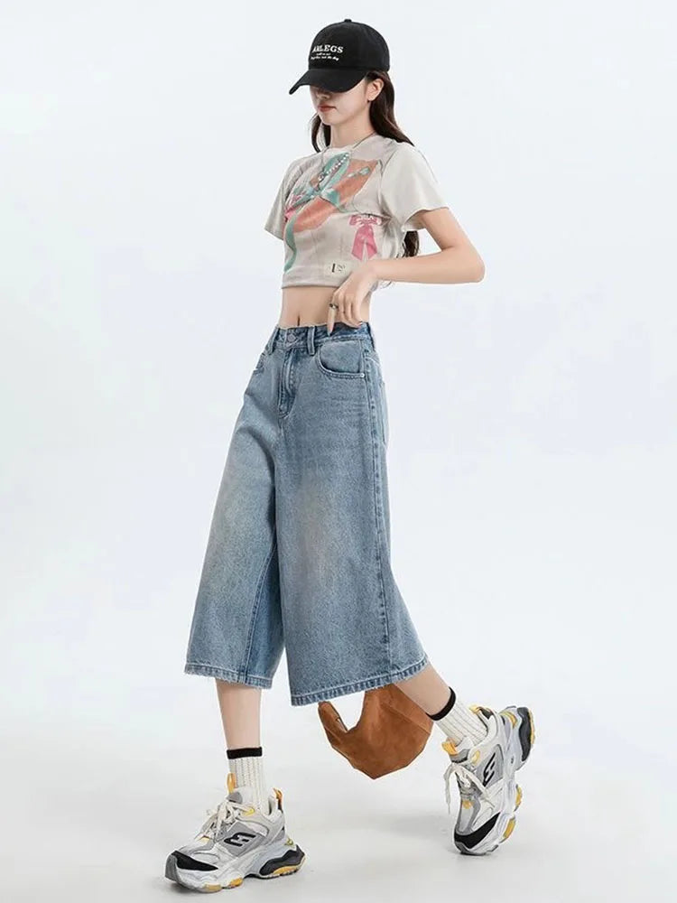 Women's Retro Casual Jeans  Summer New Wide-Leg Pants  High-Waisted Plus-Size Pear-Shaped Body-Camouflaging Straight Leg Pants