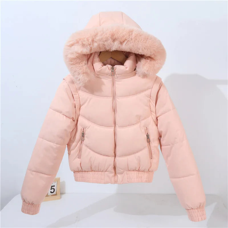 Winter Thickened Short Korean-Style Cotton-Padded Jacket with Fur Collar for Petite Women Warm Coat down Filled