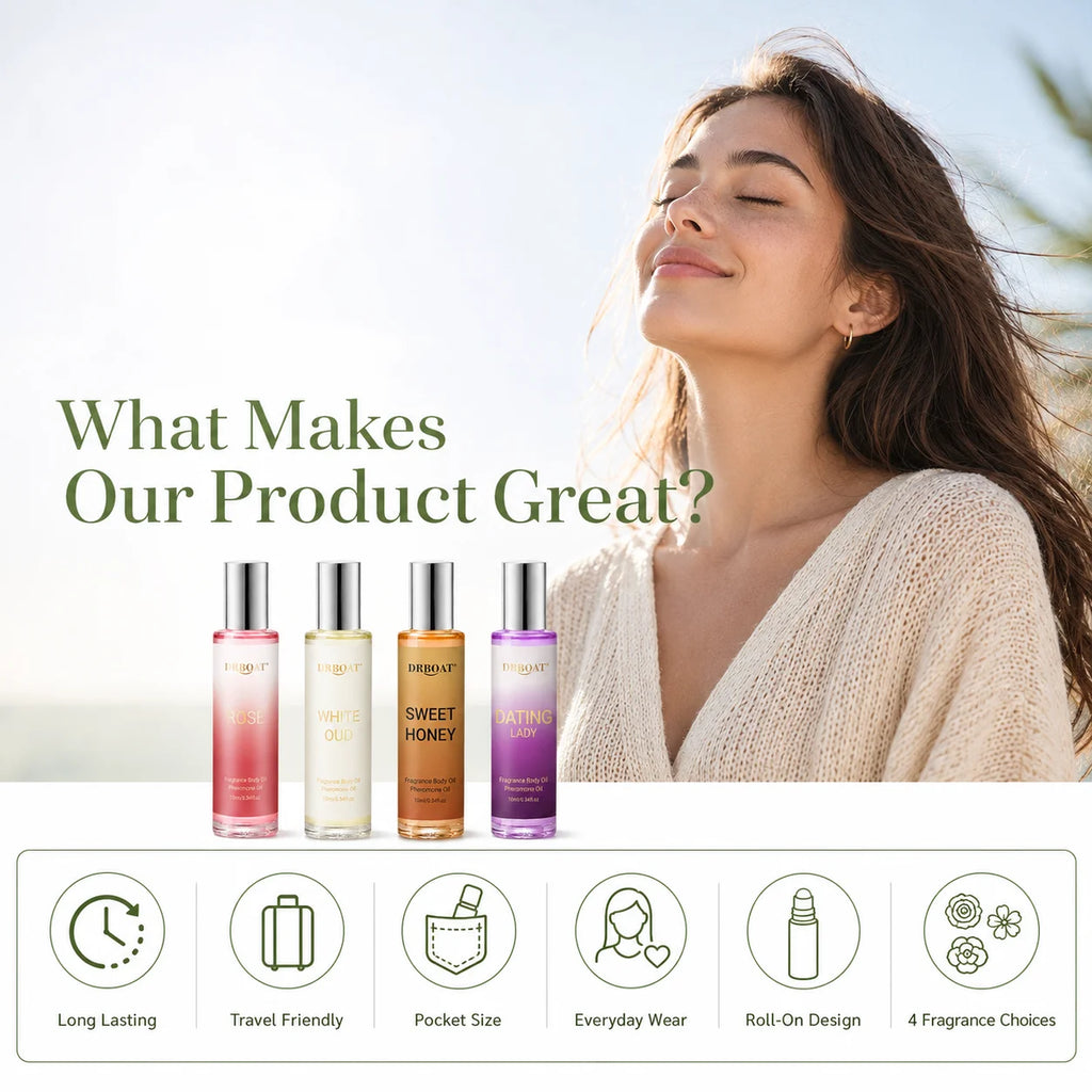 4Pcs 10ML Roll‑On Pheromone Oil Set - Portable Fragrance Oil,Rose White Oud Honey Milk Scent Eau de Parfum Traveling or Dating.