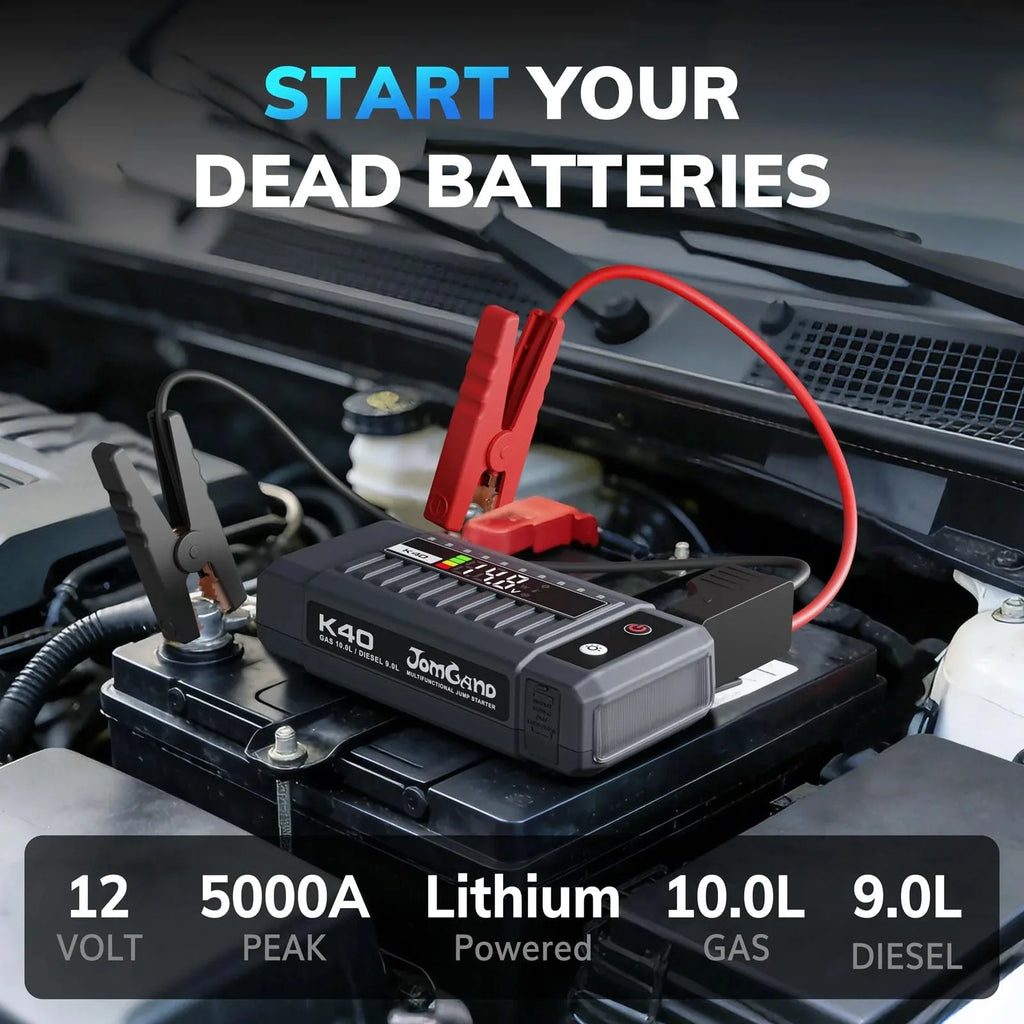 K40 5000A Portable Car Battery Jump Starter Pack for Up to 10.0L Gas and 9.0L Diesel Engines with Smart LED Display