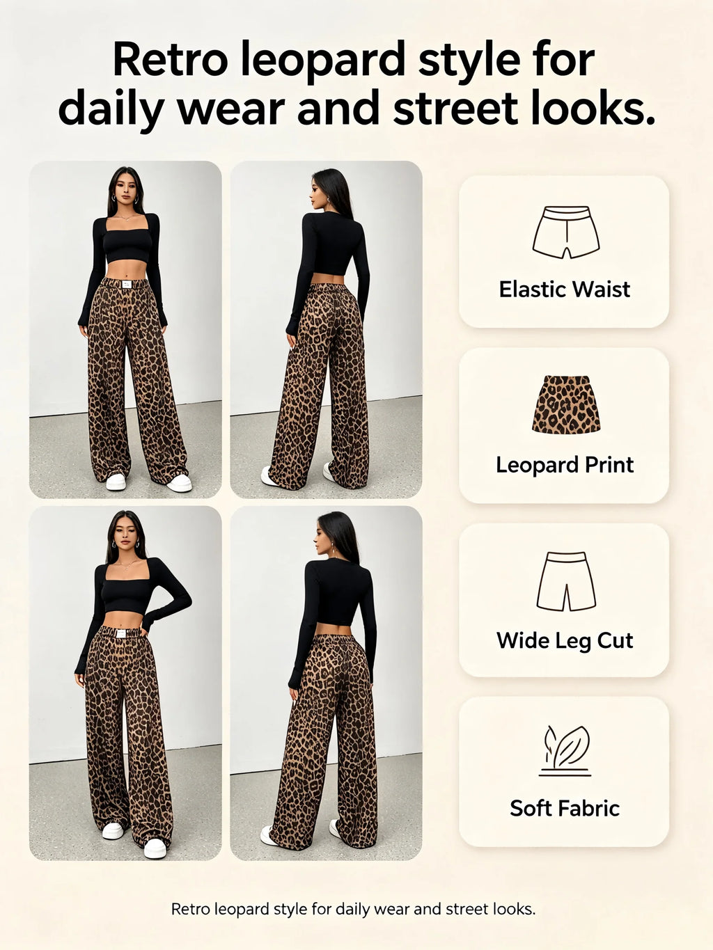 Women Leopard Print Wide Leg Pants Elastic High Waist Loose Casual Trousers Streetwear Y2K Fashion Long Palazzo Pants