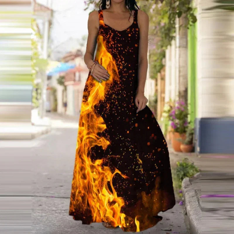 Women's Fashionable Flame Printed Sleeveless Dress  Summer Casual Printed Long Dress