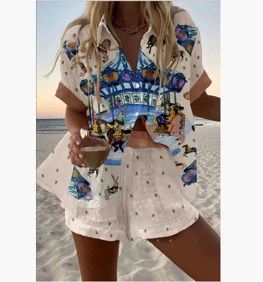2025 New Summer Vacation Shorts Set 3D Printed Seaside Tropical Casual Lapel Shirt Blouse Top Shorts 2-Piece Suits Beach Holiday