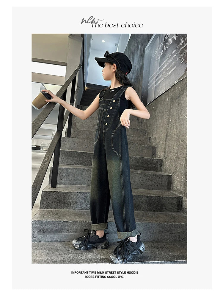Elegant Children Jeans Jumpsuit with Broken Holes For Girls Fashion Overalls Streetwear Kids Denim Suspenders Pants With Strap