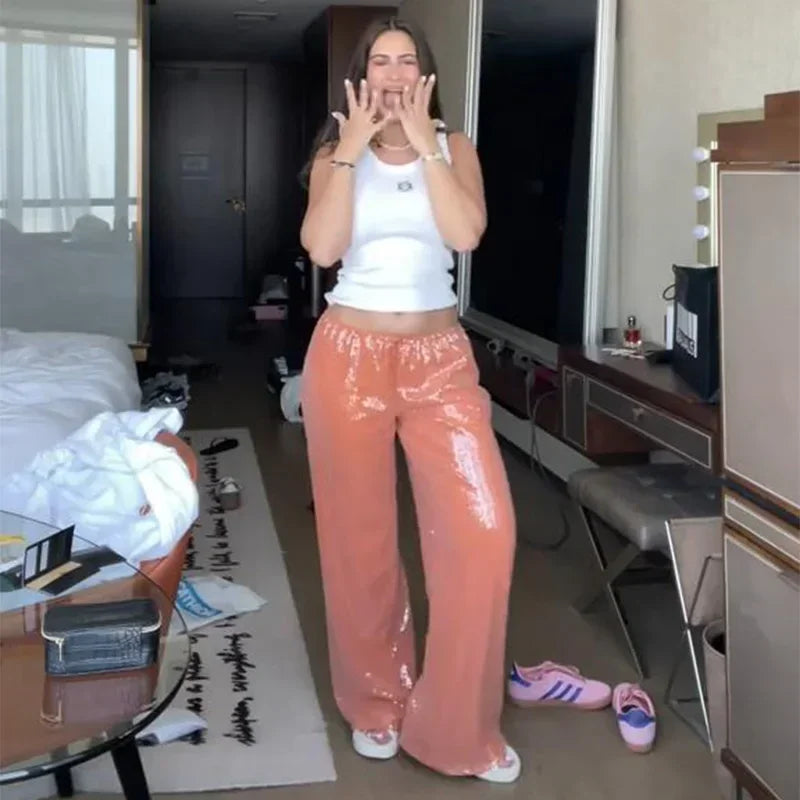 Solid Sequin Elastic Waist Pants Women Loose Fashion Lace Up Wide Leg Trousers Female 2026 Spring Summer Chic Streetwears Outfit