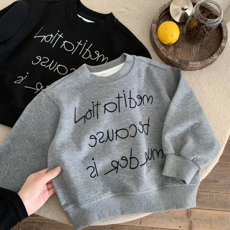 2025 Autumn New Children Solid Sweatshirt Baby Fashion Letter Printed Long Sleeve Tops Kids Girl Boy Crewneck Hoodie Clothing