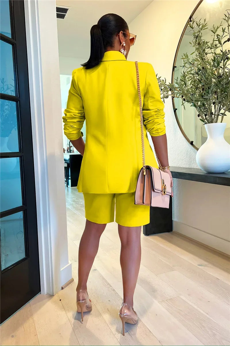 Solid Casual Two Piece Set for Women Matching Sets Outfits Long Sleeve Blazer Coat and Shorts Office Lady Elegant Business Suits