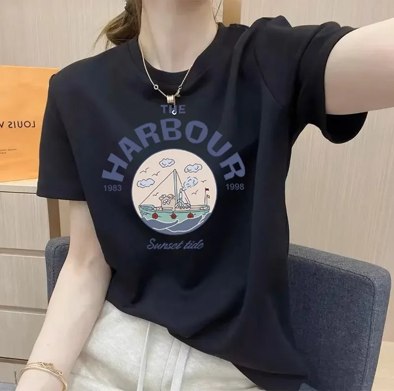Women's Short Sleeve T-Shirt Pure Cotton Thin Summer Korean Style Loose Fit Shoulder round Neck Half Sleeve Ladies Top Versatile