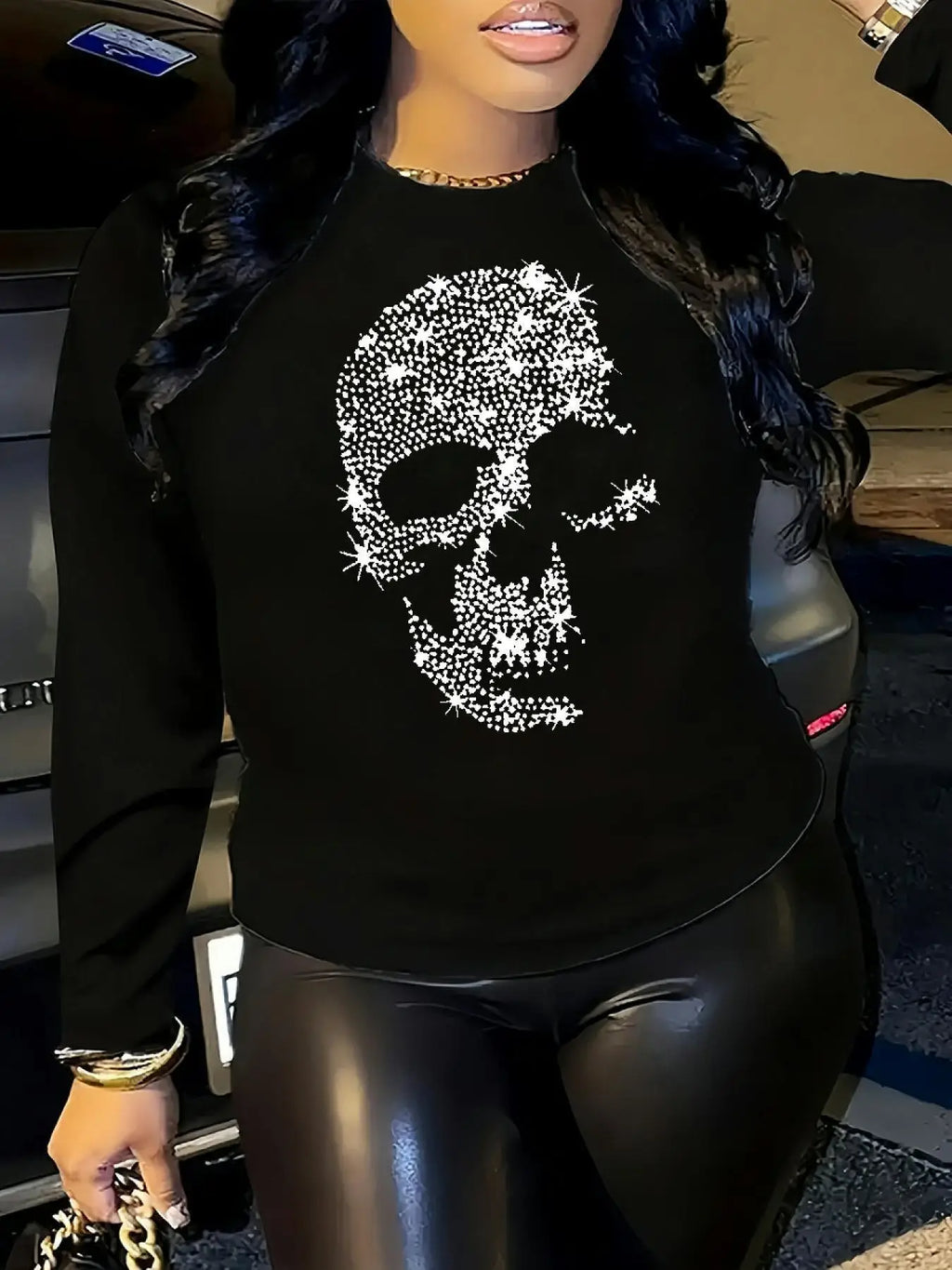 100% pure cotton women's spring and autumn loose casual skull and rose graphic printed long sleeved round neck T-shirt