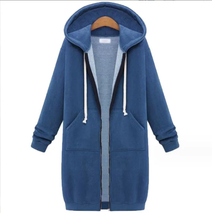 Autumn Winter Women's Hooded Long Sleeve Mid-Length Sweatshirt Fleece Jacket Comfortable Casual Style Polyester Fabric