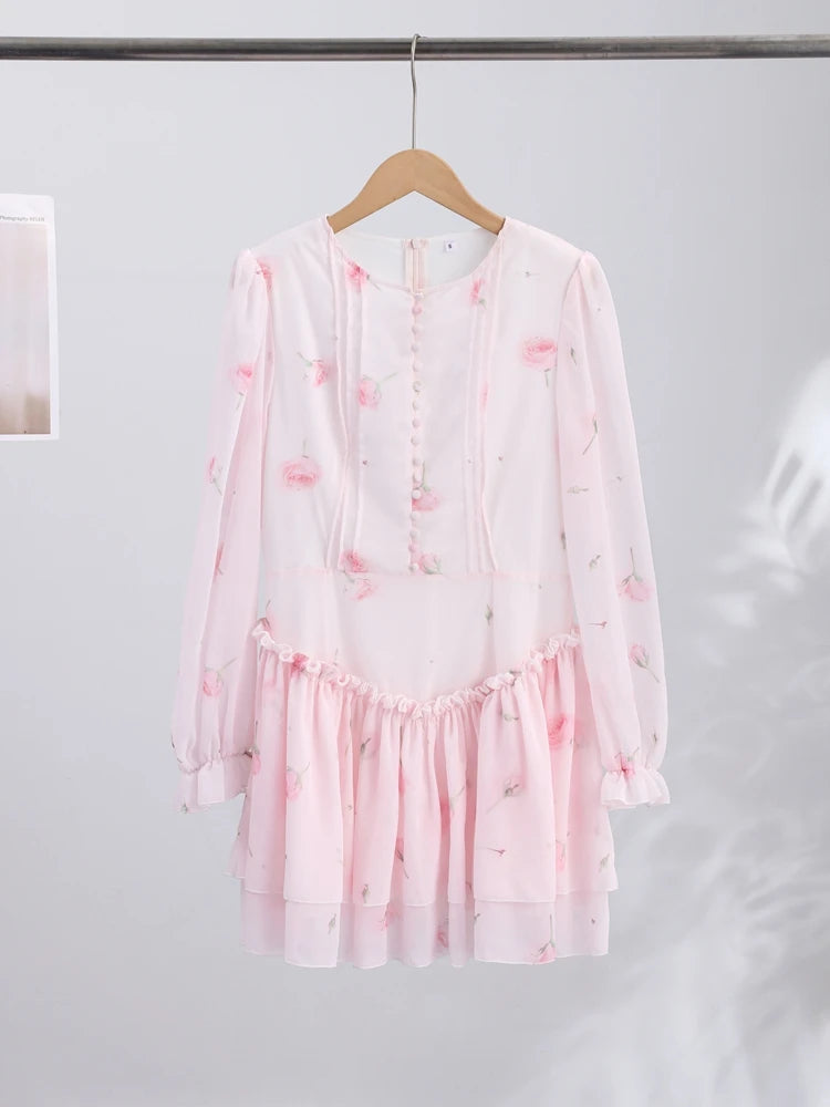 Women Rose Print Dress Puff Long Sleeve Mini Dress Sheer Mesh Ruffle Hem Button Front Fairy Party Short Dresses Summer Wear