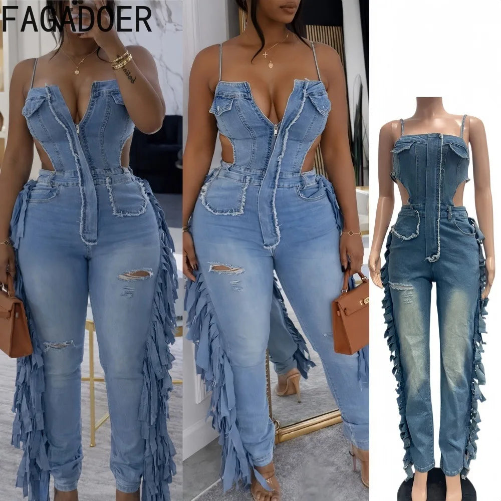 FAGADOER Fashion Hollow-out Bodycon Denim Jumpsuit Women Spaghetti Strap Tassel Patchwork Rompers Female Streetwear Overalls New