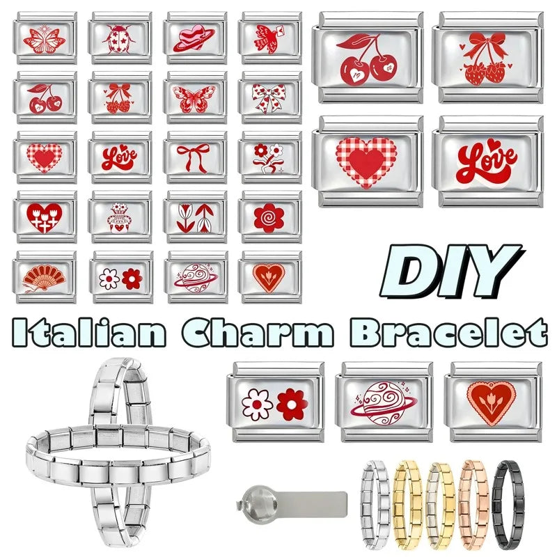Fashion Red Series Heart Flower Bowknot Cherry Women Men Charm Link fit 9mm Stainless Steel Italian Bracelet Making DIY Jewelry