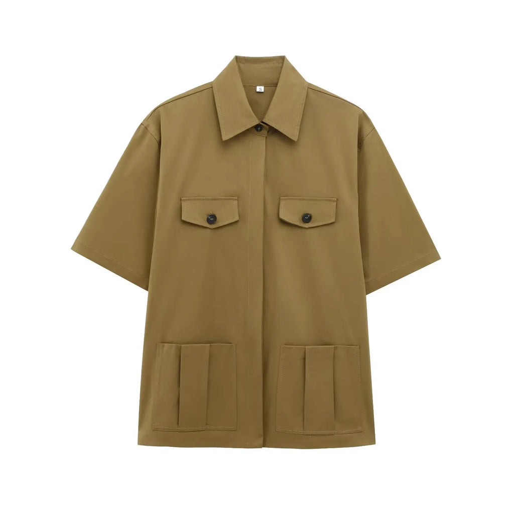 HH Women Summer Solid 2-Piece Set Button Pocket Decoration Short Sleeve Lapel Shirts+High Waist Pleated Zipper Casual Shorts