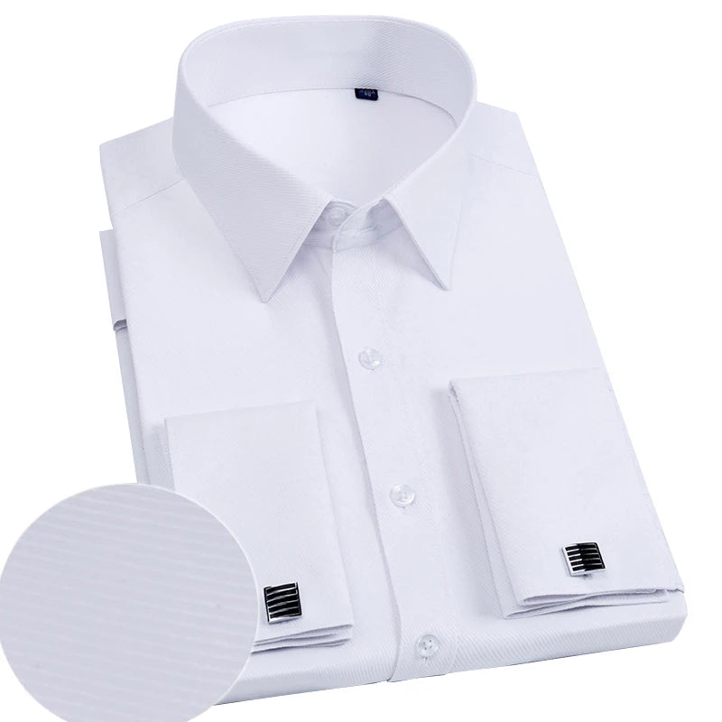 Men's Slim Fit French Cufflink Shirt Long Sleeves Double Cuff Solid Color High End Wedding Formal Dress Casual Men's Clothing