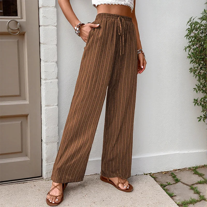 Womens High Waist Pleated Wide Leg Pants Simple Versatile Loose Casual Trousers