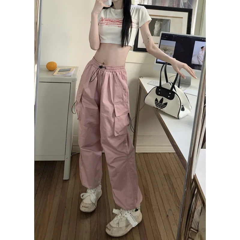 Women Streetwear Cargo Pants Elastic Waist Multi Pocket Loose Wide Leg Vintage Drawstring Casual Trousers