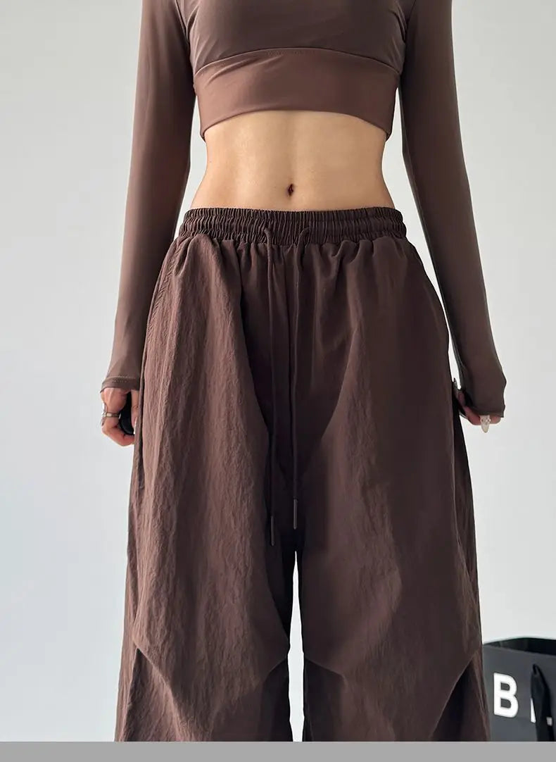 Women's Brown Parachute Pants 2026 Summer New Loose Straight Wide Leg Trousers Casual Quick Dry Cargo Pants Streetwear