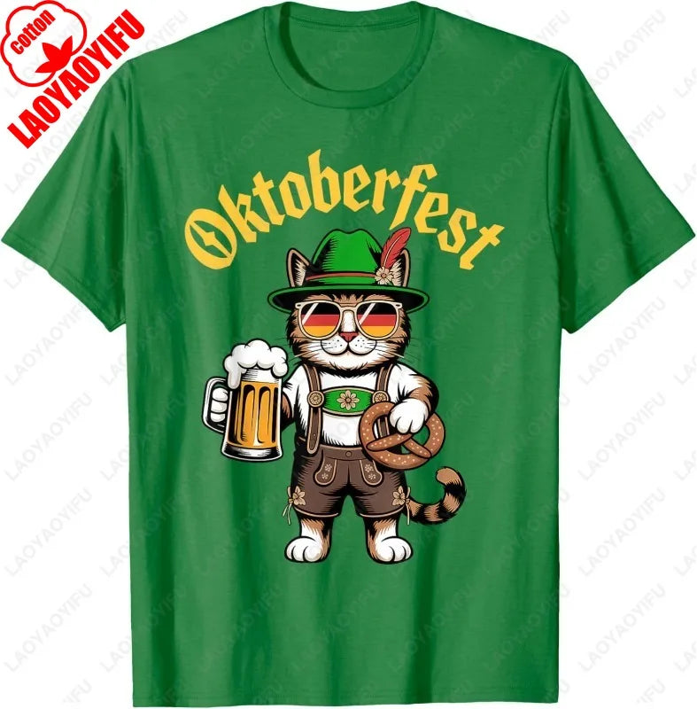 Funny Oktoberfest Cute Cat Pretzel Beer Funny Party Adults T-Shirt Fashion Y2k Streetwear Men Woman High Quality Cotton Tees