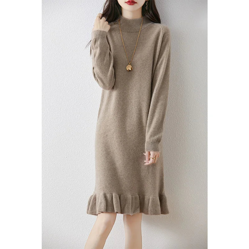 Women's Pure Wool Knitted Dress, High Collar, Pleated, Casual, Fashionable, Warm, 2024 Autumn And Winter