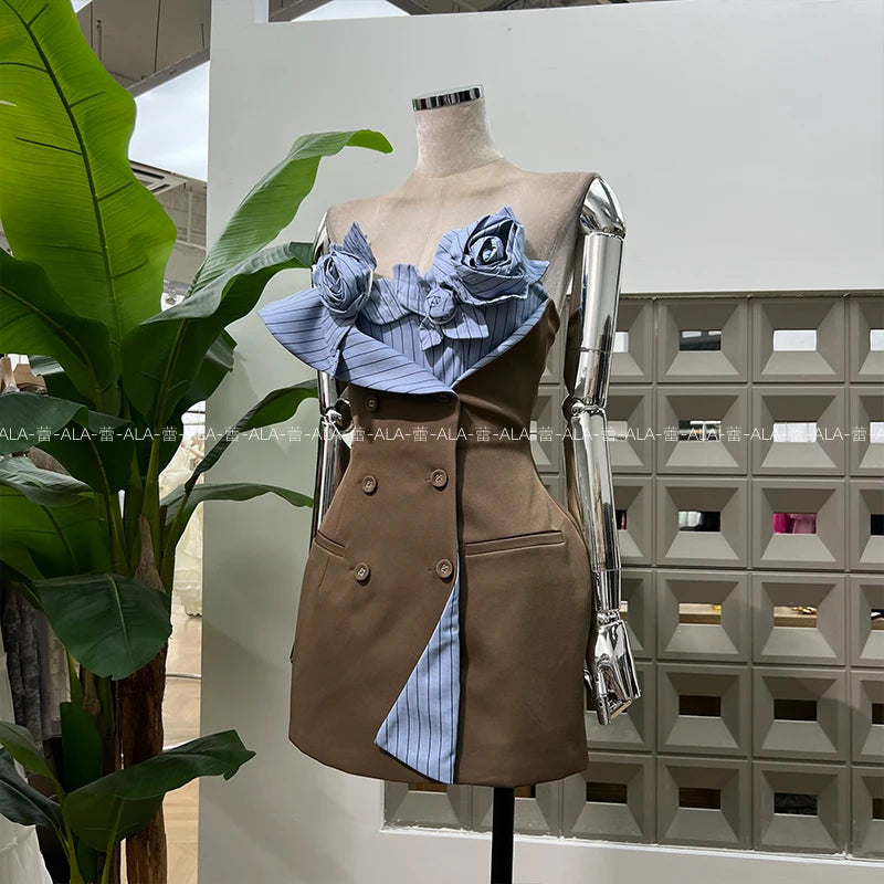 French Style Elegant Socialite 3D Floral Striped Sleeveless Double-Breasted High Waist Slim Sexy Birthday Party Mini Dress Women