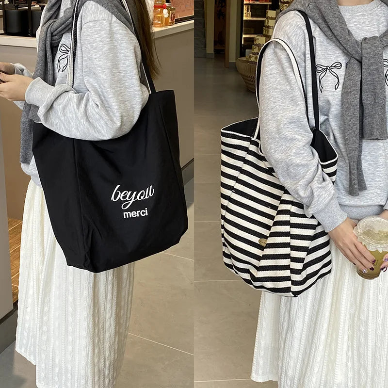 Casual Large Capacity Women's Canvas Shoulder Bags Striped Design Female Shopping Bag Summer Seaside Girls Handbags Beach Tote