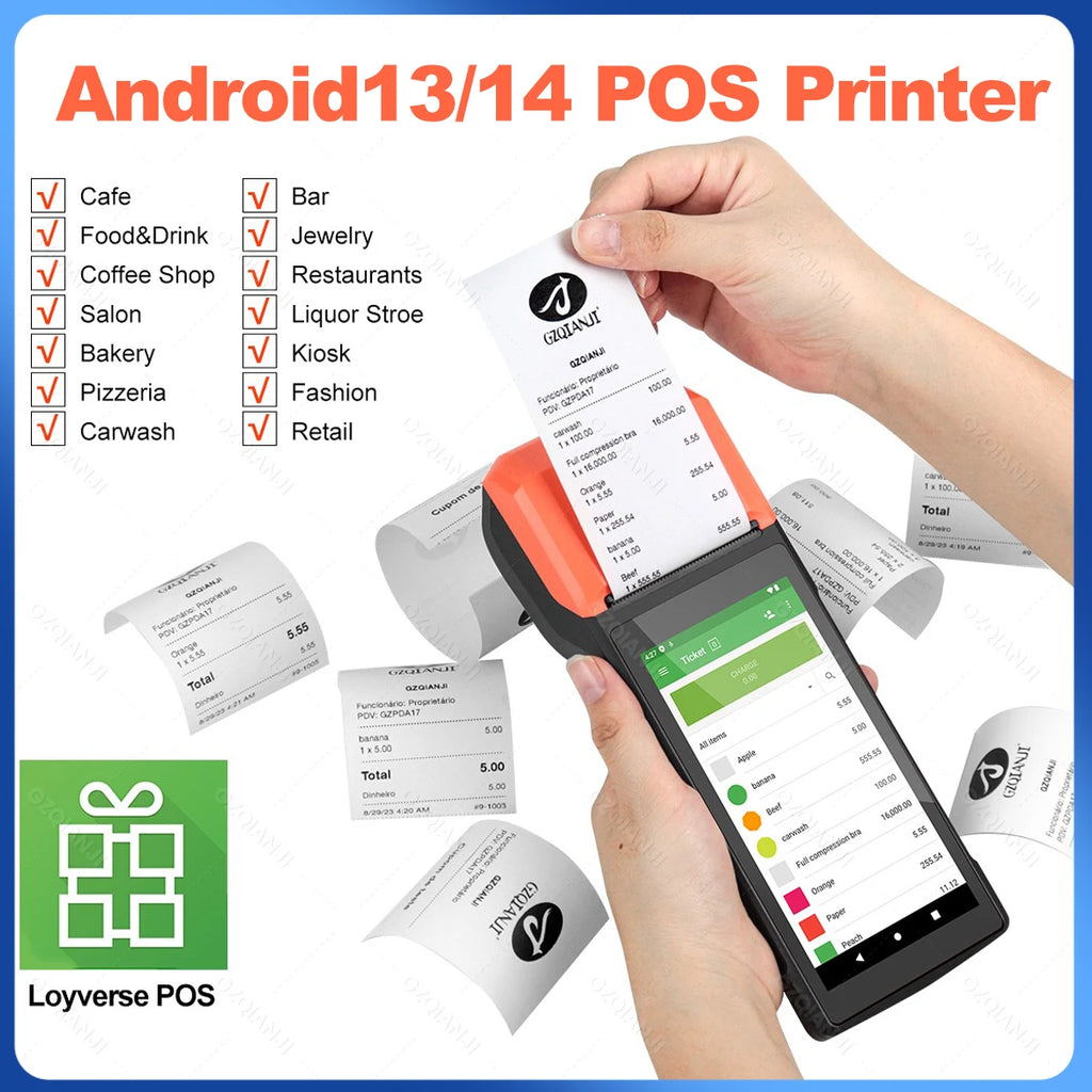 Android 13/14 POS Terminal Machine 5.5' Touch Screen Built-in 58mm Bluetooth Thermal Receipt Printer Wifi Support Loyverse App