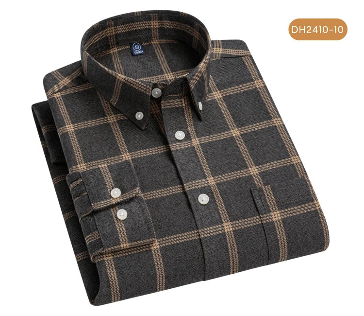 Men's Long Sleeve Flannel Plaid Shirt - Soft Pure Cotton, Button Down Shirts Thick Autumn Winter - Weekend Casual, Going Out
