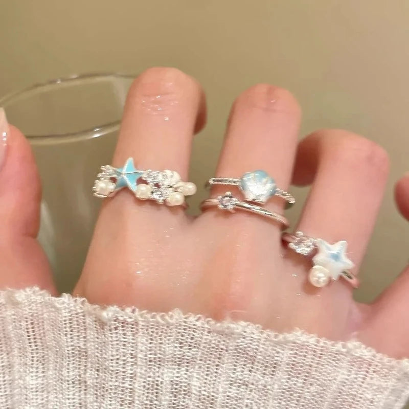 Sweet Blue Starfish Shell Rings for Women Girls Fashion Imitation Pearl Open Rings Summer Ocean Vacation Jewelry Accessories