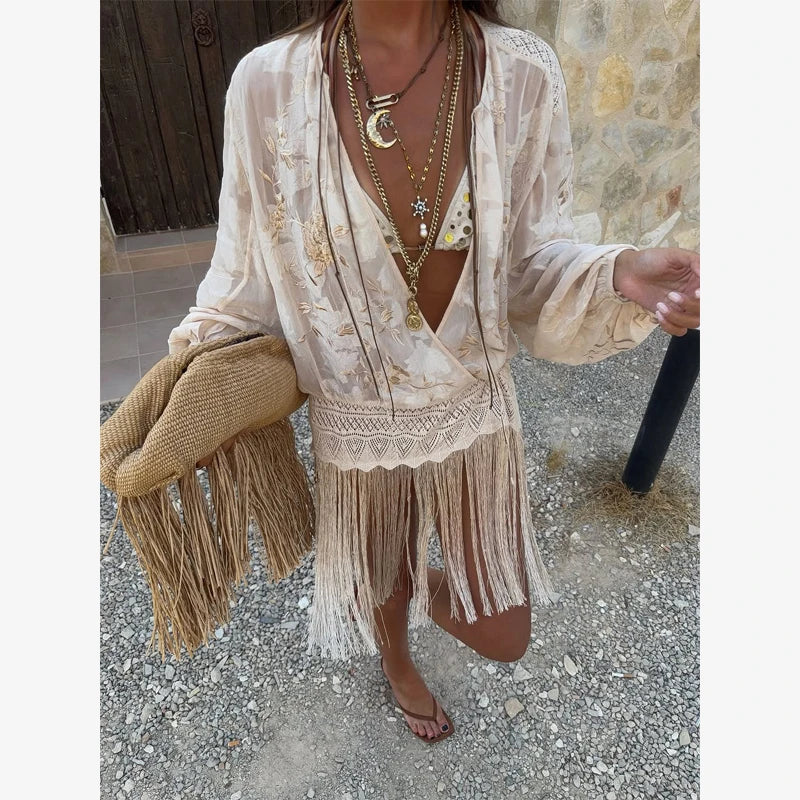 Vintage Embroidered Blouse Tie V Neck Cutout Patchwork Fringe Hem Puff Long Sleeve Tunic Cover Up Women's Relaxed Holiday Wear