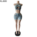 HLJ&GG Blue Denim Fashion Hollow Out Shorts Two Piece Sets Women Sleeveless Backless Bandage  Crop Top And Shorts Cowboy Outfits