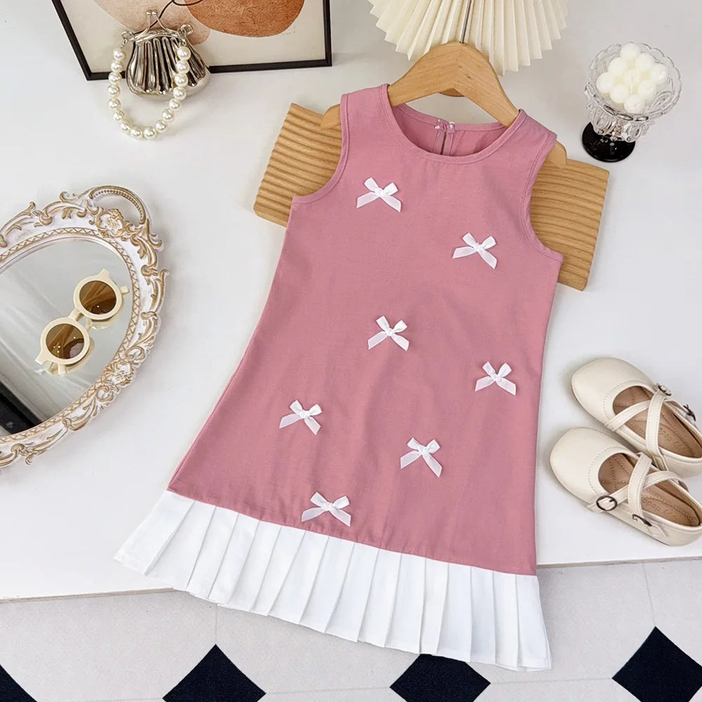 Black Bow Decoration Girls Dress Summer Sleeveless Princess Dresses Color Blocked Children's Clothing 3 To 7 Years Wear