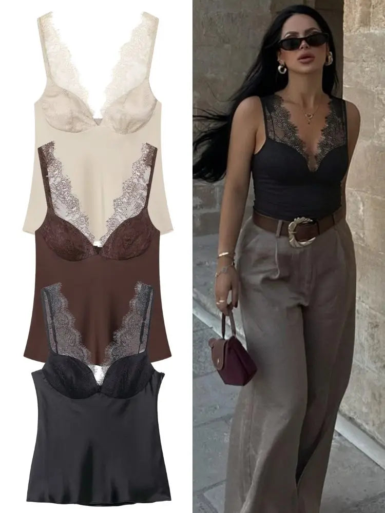 HH Elegant Women Lace Splice Sexy Satin Sling Tops 2026 Spring Summer Fashion Female V-Neck Backless Slimming Underwear Vest