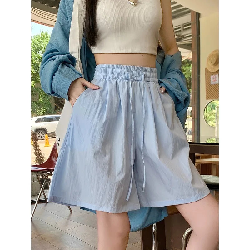 Summer New Solid Women’s Shorts Casual Drawstring Design Wide Leg Pants Women Korean Streetwear Shorts Trousers Oversized 2026