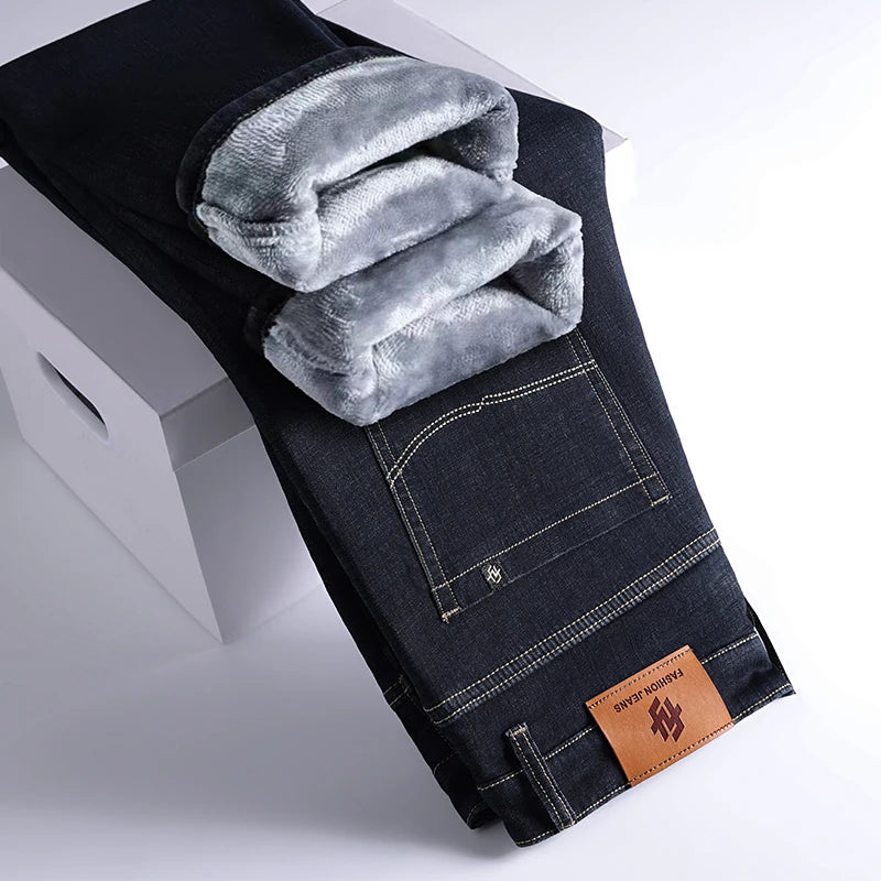Men Winter Fleece Warm Jeans Brand 2024 Fashion Business Pants Retro Classic Denim Trousers Autumn Casual Stretch Slim Jeans Men