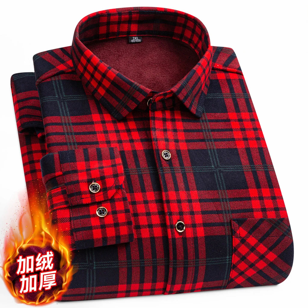 Men's Long Sleeved Shirt With Fleece Lined Winter Thickened Flannel Casual Plaid Stripe Daily Slim Man Clothes Plus Size 8XL 7XL