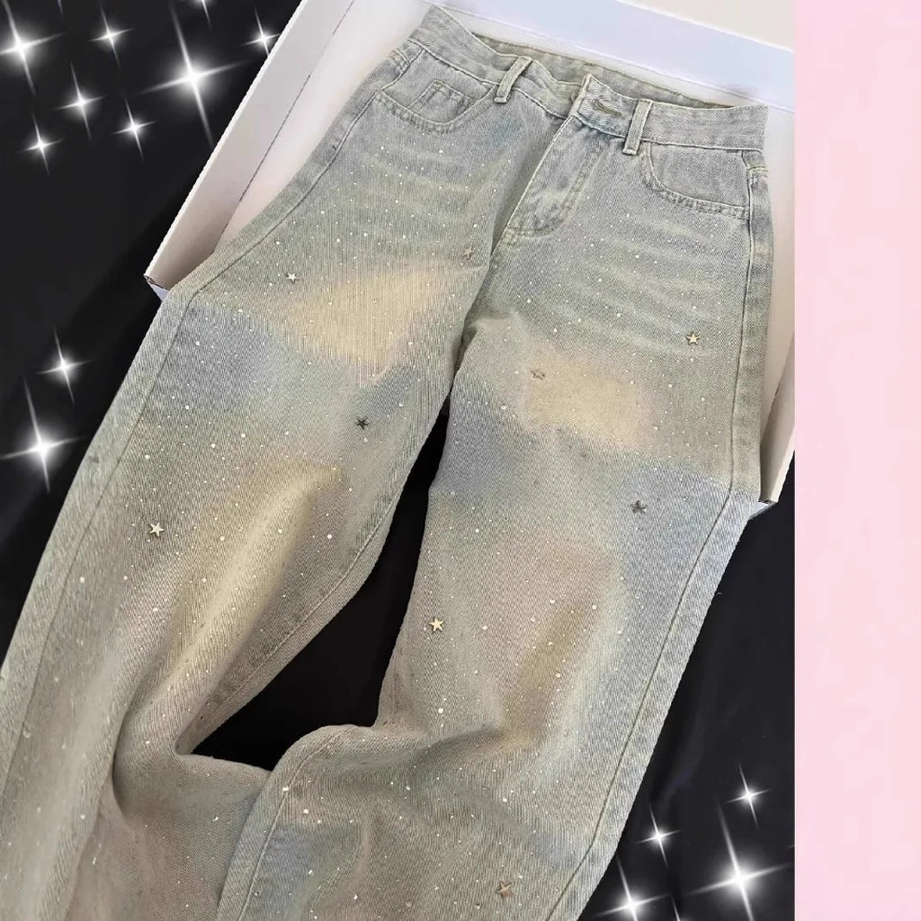 Four Seasons New Fashion Women's Light Blue Wide Leg High Waist Loose Casual Trendy Jeans Female Diamond Studded Denim Trousers