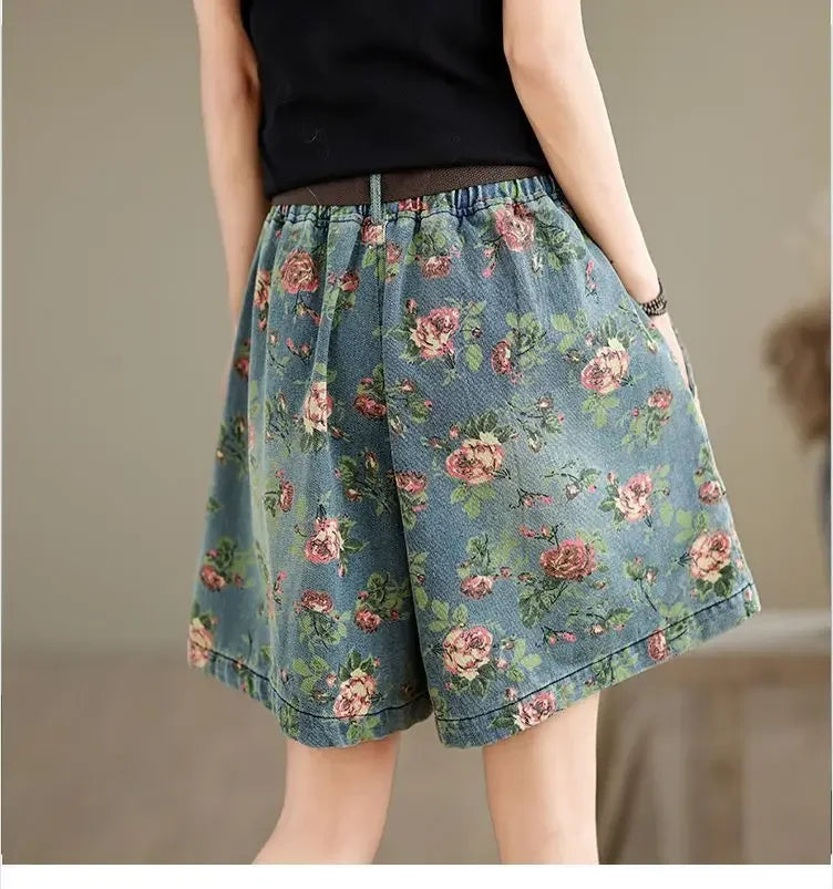 Retro Floral Printed Denim Wide-leg Shorts Women Summer Latest Fashion Baggy Big Size Girl Thin Elastic Waist Jean Short Pants
