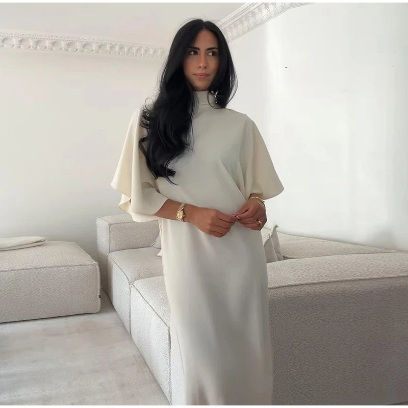 Women Solid Satin Maxi Dress High Neck Batwing Sleeve Loose Fit Front Slit Dresses Lady 2026 Summer Elegant Evening Party Outfit