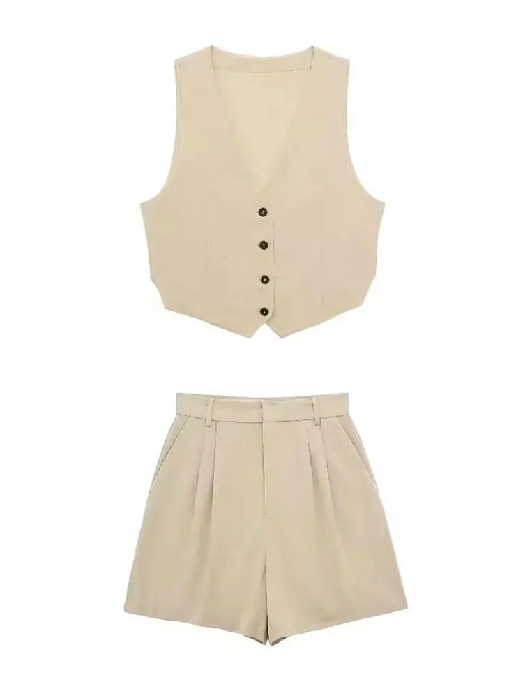 HH Women Solid Casual 2 Piece Set V Neck Single Breasted Vest Top High Waist Slim Shorts Female Casual Office Lady Daily Wear