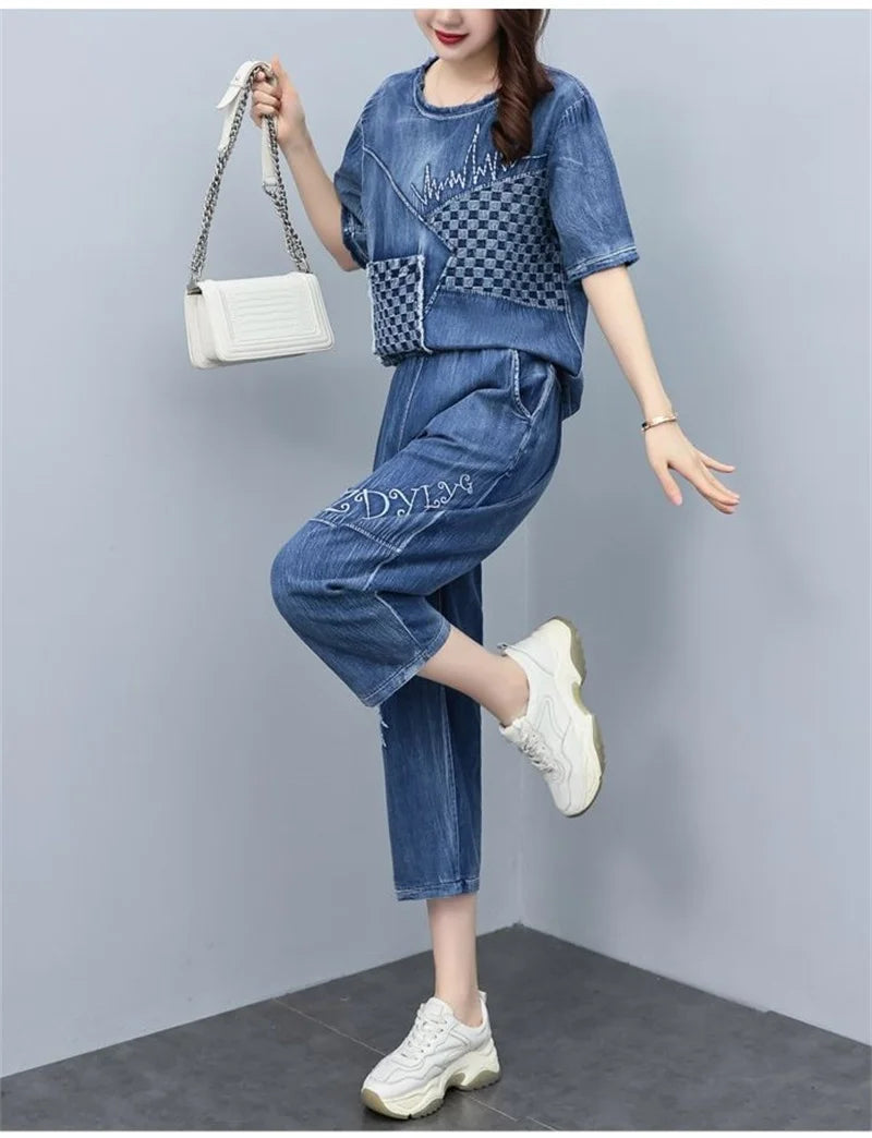 2026 Summer Women Embroidered Mosaic Lattice Denim Two-Piece Suit Fashion Sportswear Female Casual Loose 2 Piece Set Ladies
