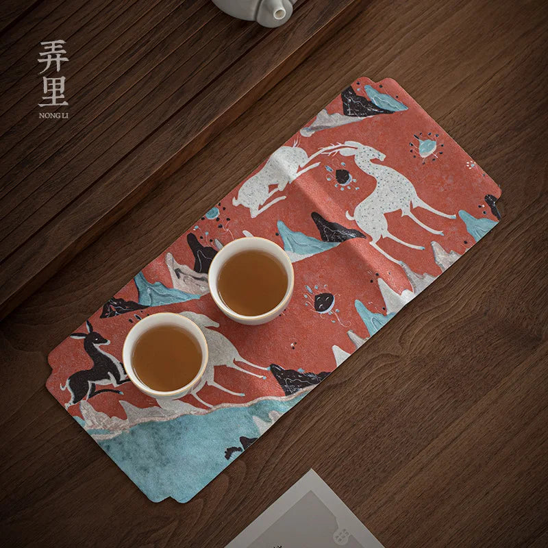 Deerskin Velvet Ancient Painting Tea Towel Strong Absorbent Retro Style Double-Sided Towel Chinese Tea Ceremony Tea Napkin
