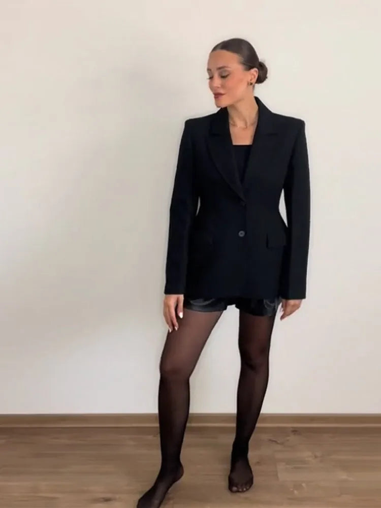 Elegant Shoulder Pad Slim Suit Jackets Women Solid Lapel Long Sleeved Jacket Female 2025 Spring Chic Daily Style Outwears Tops