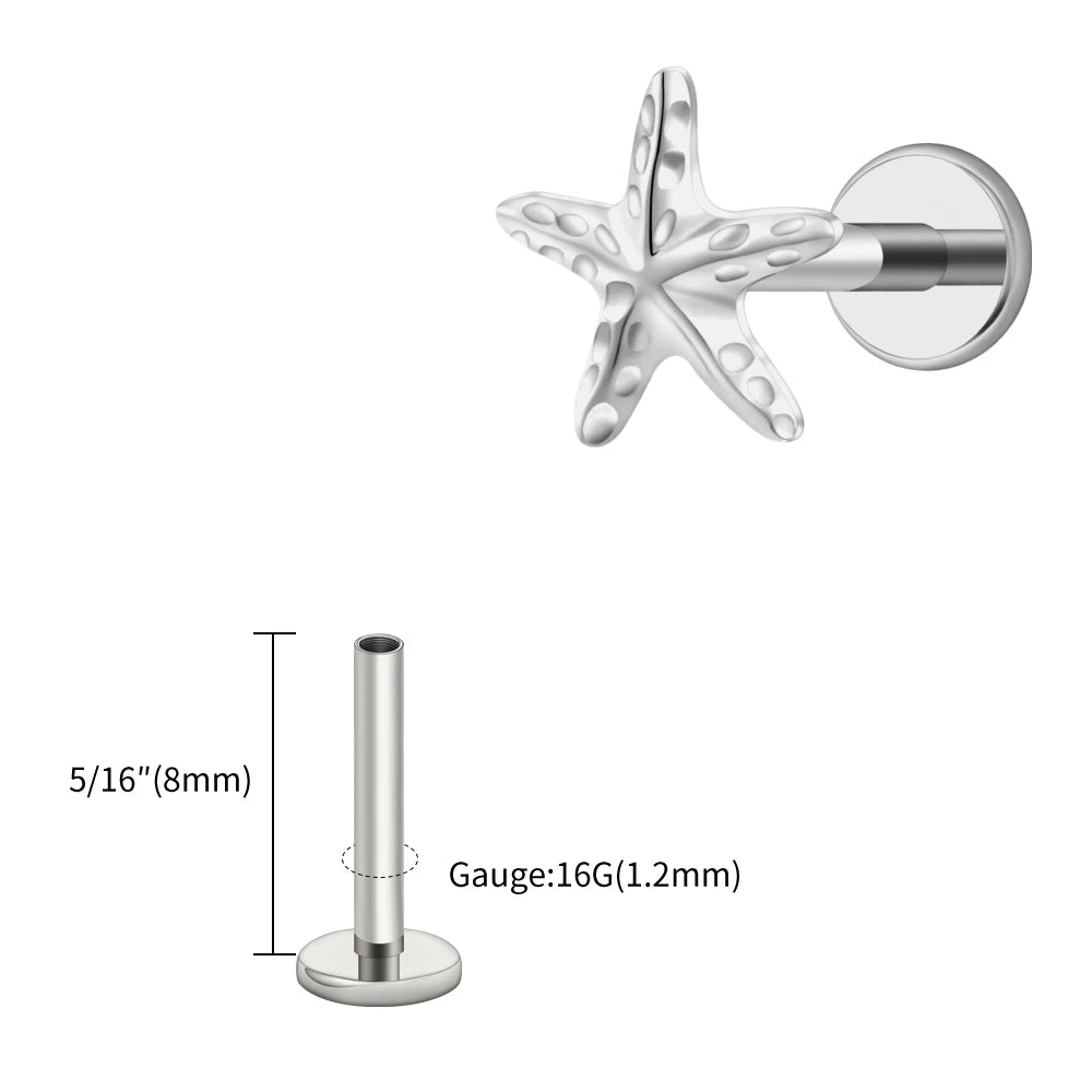 Right Grand ASTM F136 Titanium Tiny Starfish Cartilage Earring 16G Flat Back Labret Helix Stud Earlobe Piercing Summer Jewelry