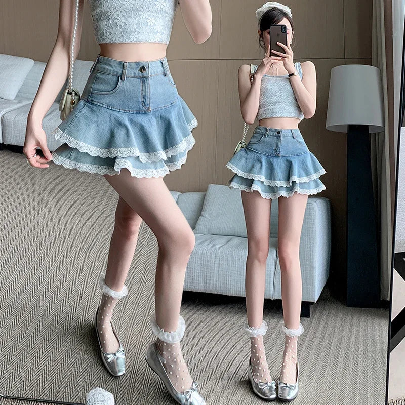 Women's Denim Skirts New Spring Summer Fashion High Waist Lace Decoration Shorts Mini Skirts for Women