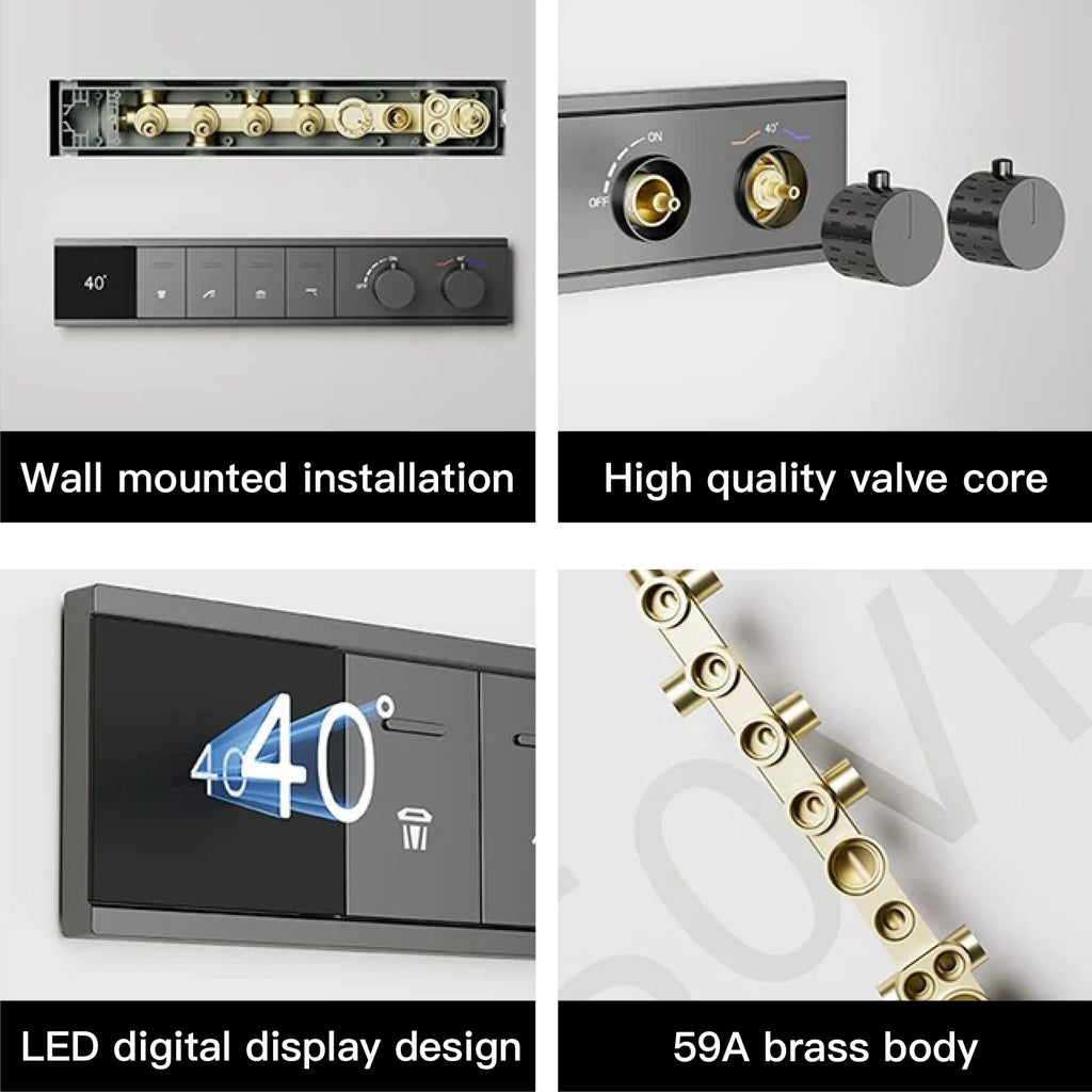 Luxury Bathroom Ceiling Embedded Rain Shower Head LED Digital Display Thermostatic Mixer Hot Cold Water Rainfall Shower System